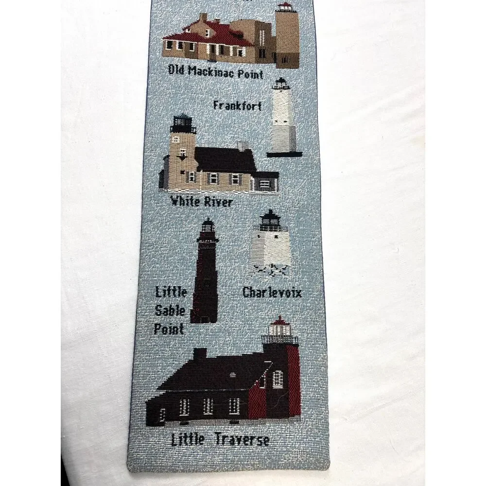 Vintage Woven Tapestry Wall Hanging Michigan Lighthouses Cottage Costal Decor